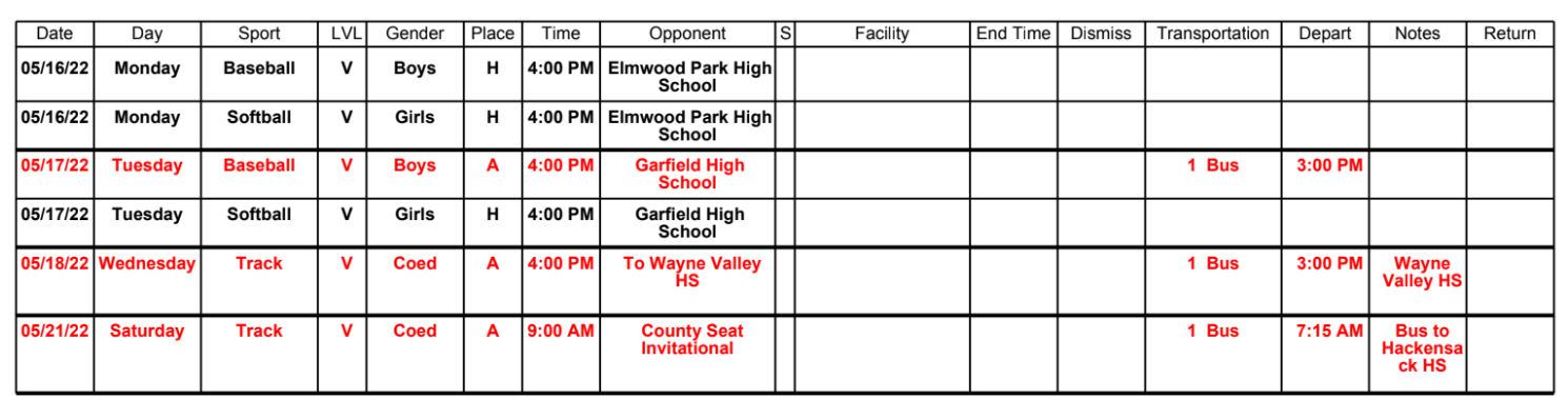 May Sports Schedule