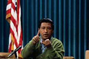 Cesar Chavez, head of the United Farm Workers, makes a point in a press conference in Sacramento.