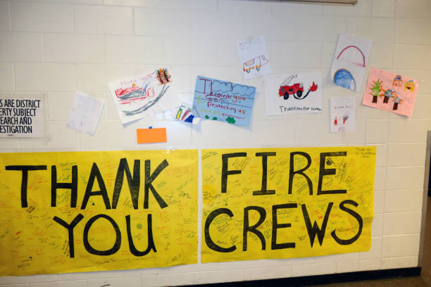 Soldotna, Alaska -  Photo taken on September 7, 2019: Colorful signs created by children thanking fire fighters and fire crews (in words and drawings) in the Swan Lake Fire command post which was the the Soldotna Elementary School in Soldotna, Alaska for the Swan Lake Fire in Kenai National Wildlife Refuge, Alaska